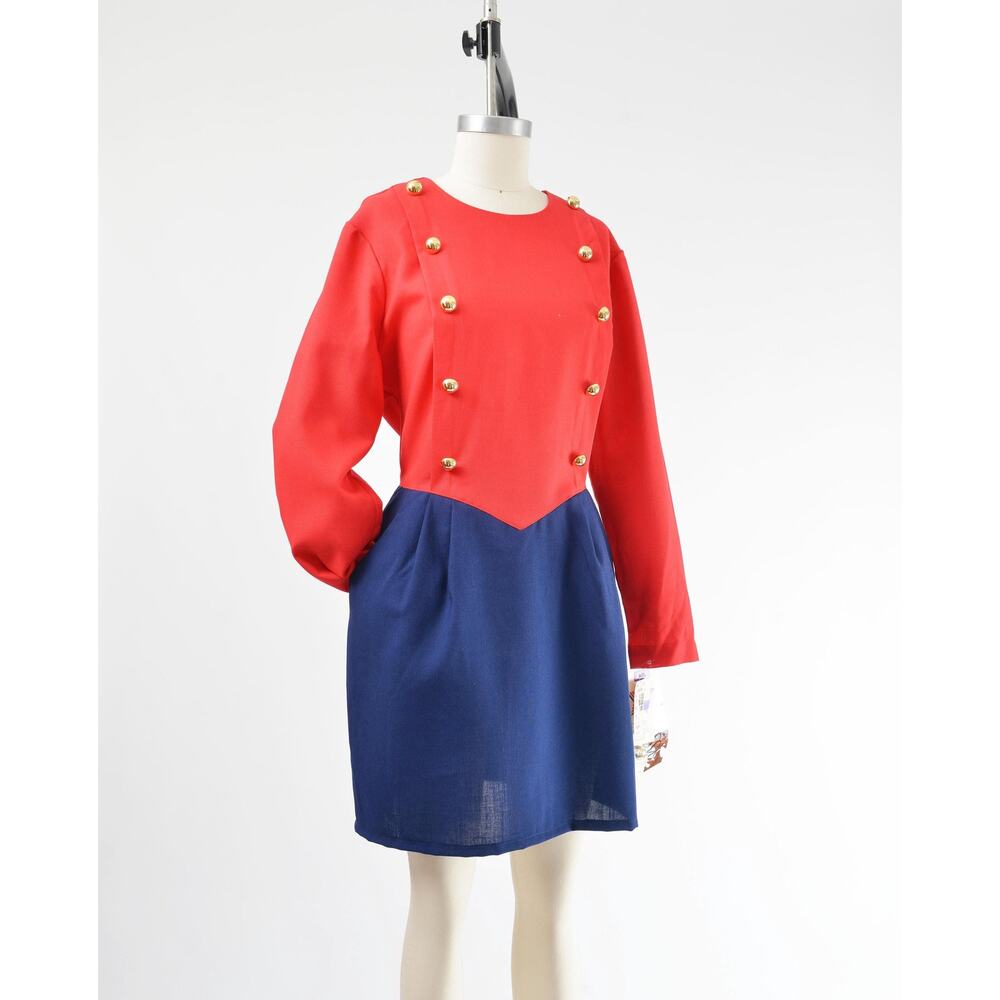 Vintage Red Navy Military Nautical Basque Waistline Pleated Front Sheath Dress M - Picture 6 of 7